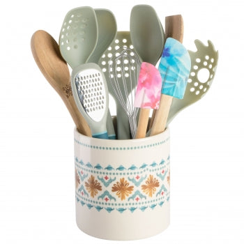 Spice by Tia Mowry Savory Saffron 12 Piece Wood and Nylon Kitchen Tool Set with Ceramic Crock