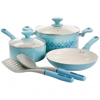 Spice by Tia Mowry Savory Saffron 7 Piece Ceramic Nonstick Aluminum Cookware Set with Nylon Utensils in Light Blue