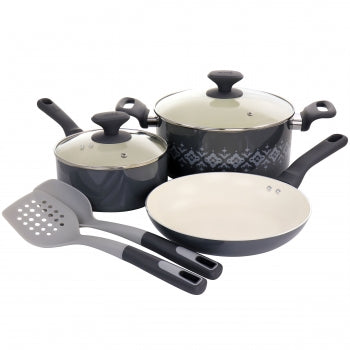 Spice by Tia Mowry Savory Saffron 7 Piece Ceramic Nonstick Aluminum Cookware Set with Nylon Utensils in Grey